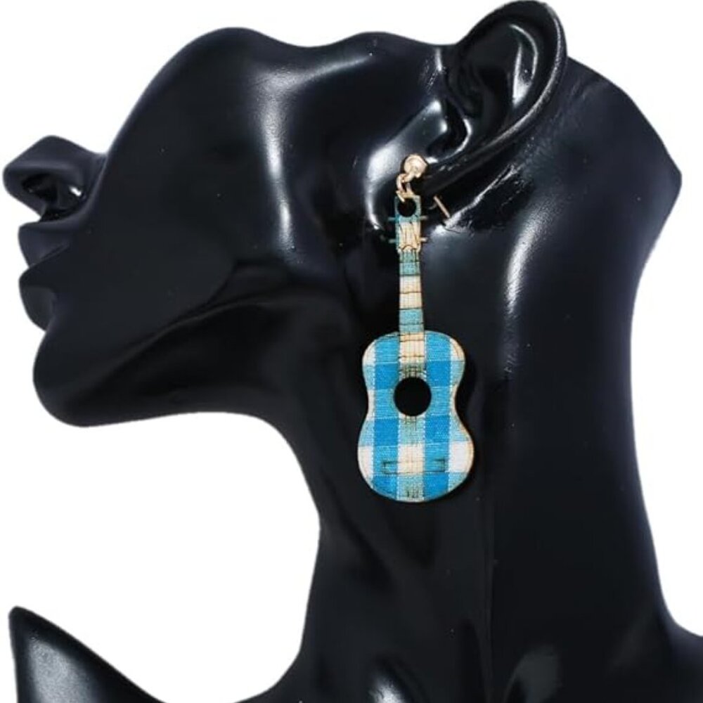 Earrings - Vintage Style Wood Guitar Dangle Drop Stud  - Blue White Plaid - Picture 5 of 6